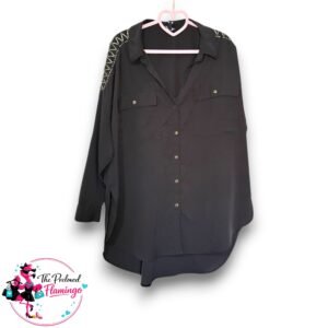 River Island Black Oversized Blouse with Embroidered Shoulders - Size M