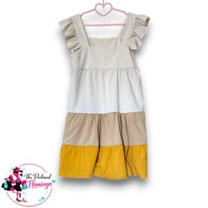 Boho Tiered Colourblock Mini Dress - Mustard & Cream - Size M - NEW
