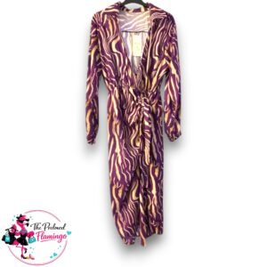 Purple & Gold Abstract Print Midi Dress – One Size (UK 14–18) Brand New With Tags